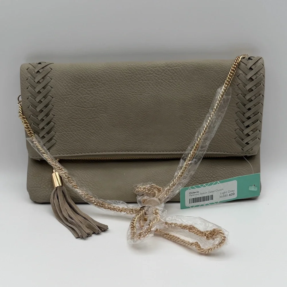 Octavia Palermo Stitch‎ Detail Clutch Crossbody Light Grey Gold Tassel NWT